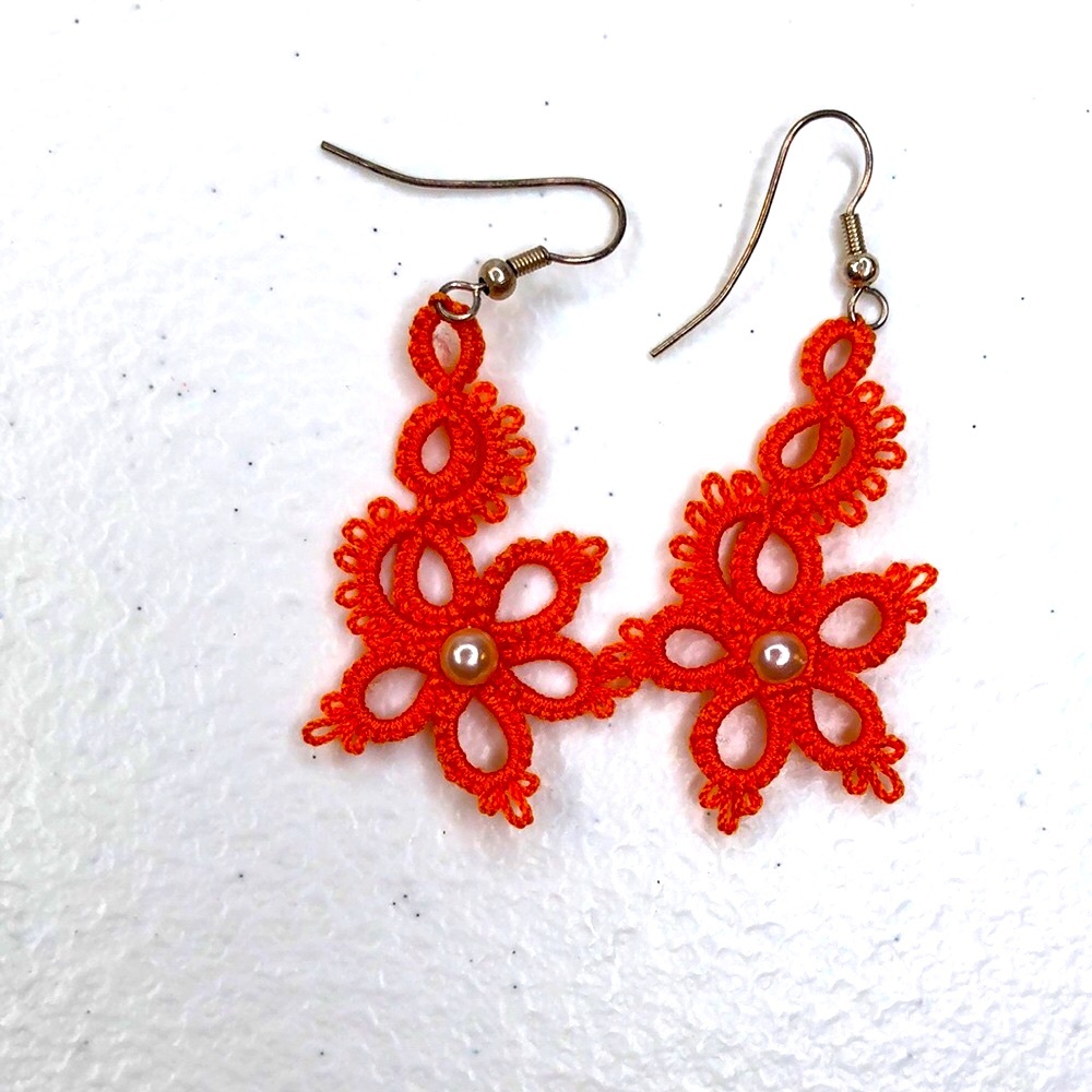Flower Tatting Frivolite Earrings, Orange With A White Bead